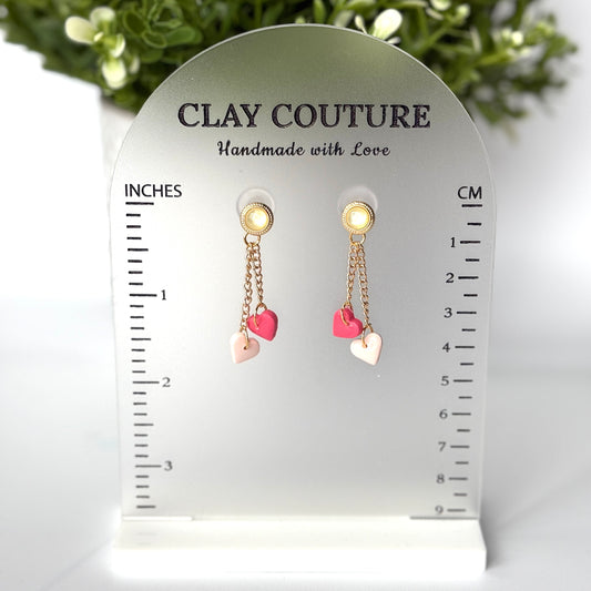 Heart Drop Earrings – Handmade Blush Rose and Champagne Clay Hearts