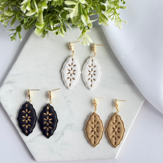 Floral Cutout Oval Polymer Clay Earrings | Lightweight Statement Drop Earrings