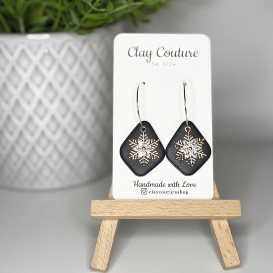 Polymer Clay Hoop Earrings with Snowflake Charm in Black