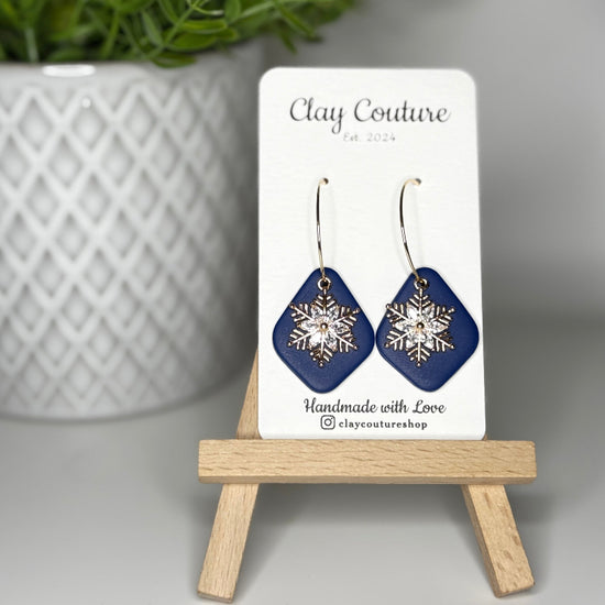 Polymer Clay Hoop Earrings with Snowflake Charm in Navy Blue