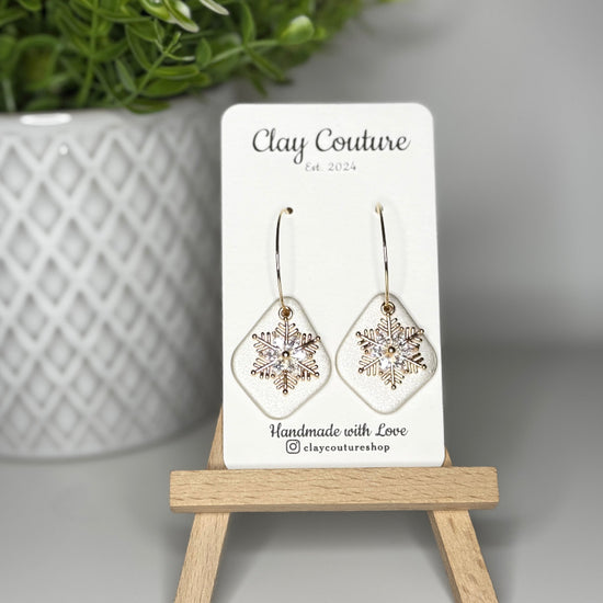 Polymer Clay Hoop Earrings with Snowflake Charm in Pearl White