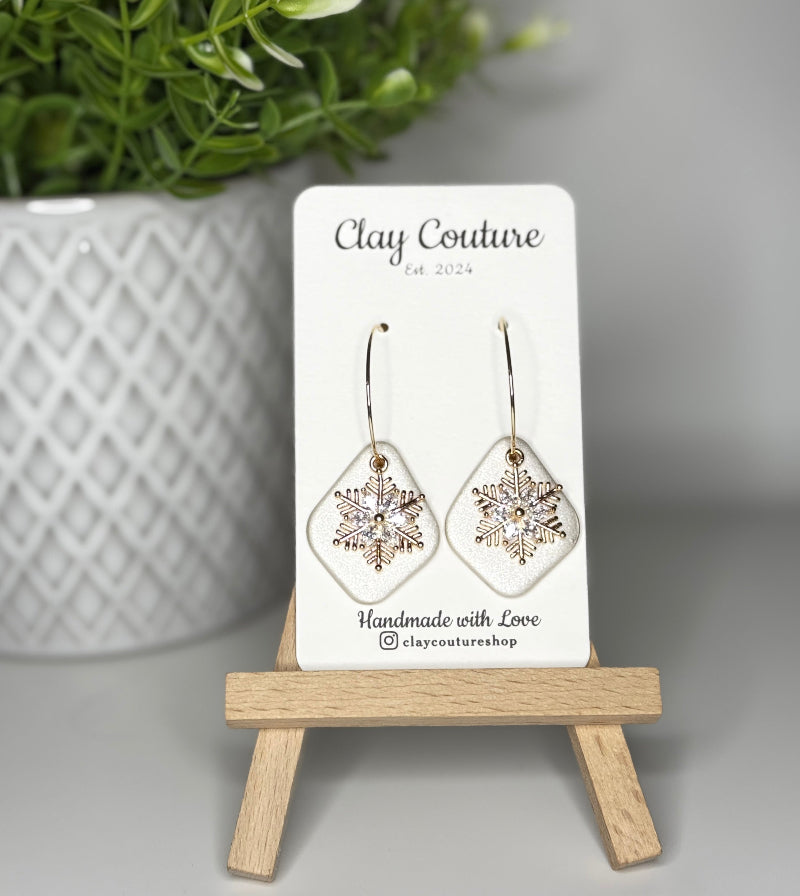Polymer Clay Hoop Earrings with Snowflake Charm in Pearl White