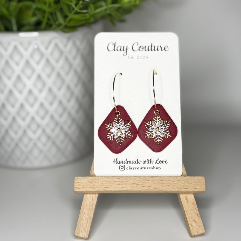 Polymer Clay Hoop Earrings with Snowflake Charm in Red