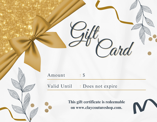 Gift card with gold bow, decorative elements, and a website URL on a white background
